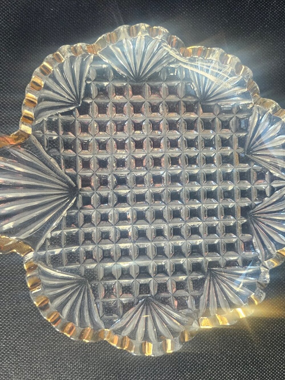 Antique US Glass Company Pineapple & Fan Clear Pressed Glass Dish With Gold Trim